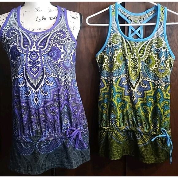 Athleta Tic Tac Toe Mandala Racerback Bra Tank Top Lot of 2 Long Purple Blue - Picture 1 of 9